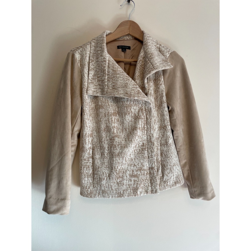 H by Halston Moto Jacket Women Size 4 Beige Knit Faux Suede‎ Zipper Asymmetrical